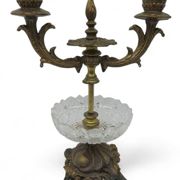 CANDELABRA Brass and Glass Two-Arm Candle Holder With Ornate Detailing Vintage - Picture 7 of 9